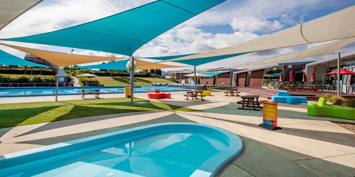 The brightly coloured pool deck at Te Hapua Halswell Summer pool. 